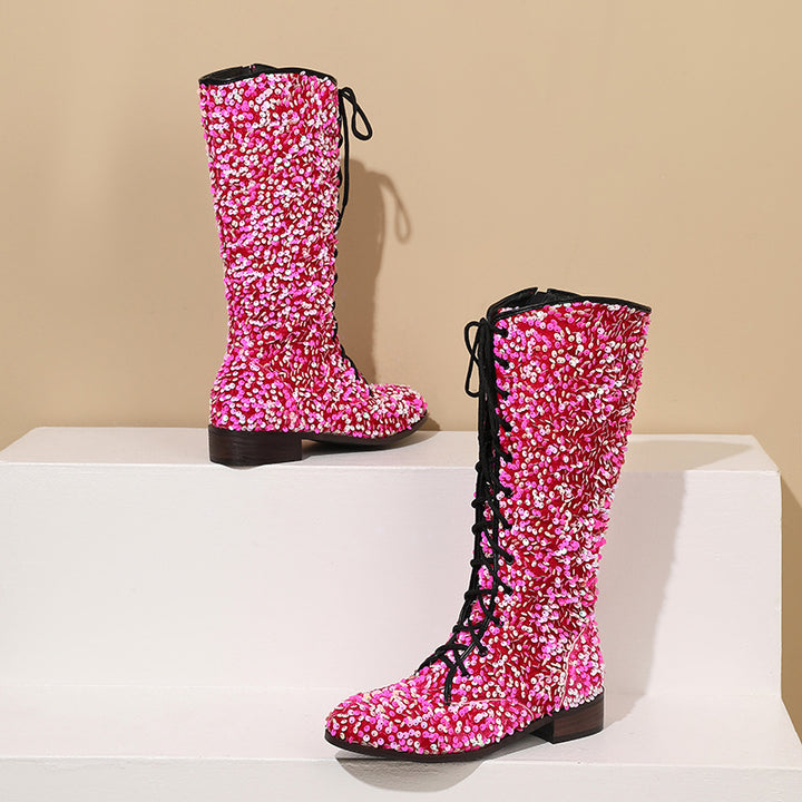 Sequins glitter lace-up boots under the knee