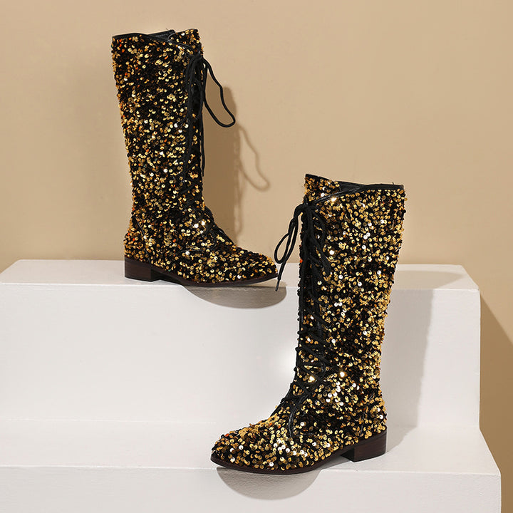 Sequins glitter lace-up boots under the knee