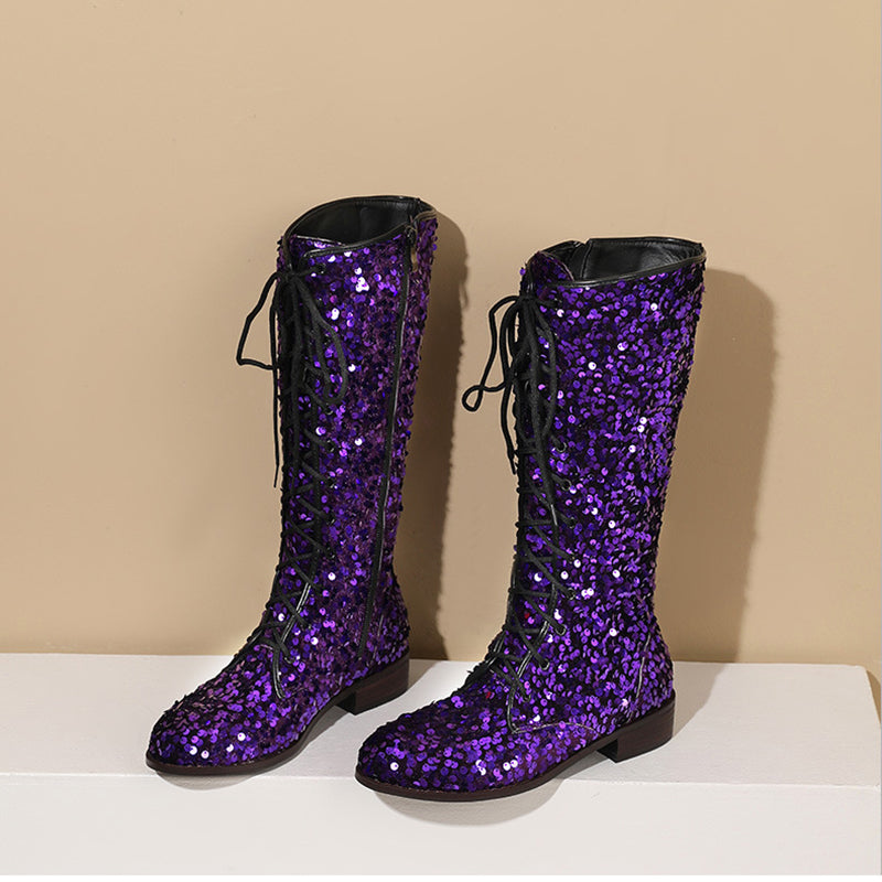 Sequins glitter lace-up boots under the knee