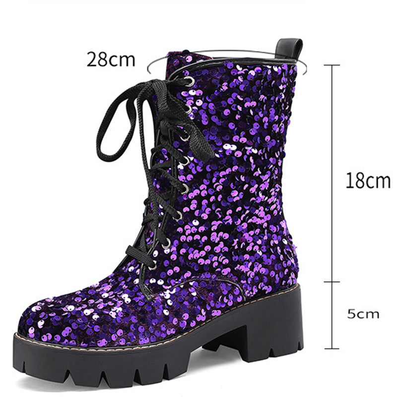 purple Sequins glitter lace-up mid calf boots