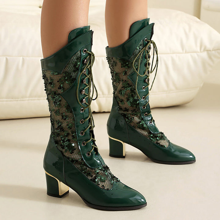 Sequins glitter mesh lace mid calf Victorian boots