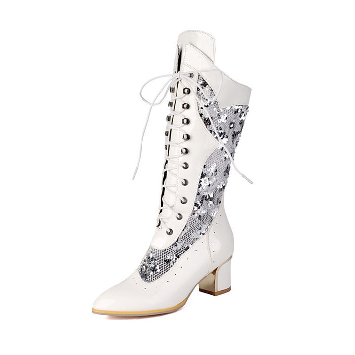 white Sequins glitter mesh lace mid calf Victorian boots