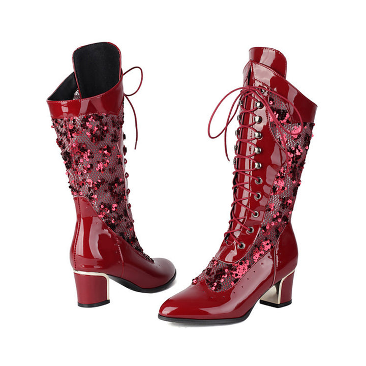 red Sequins glitter mesh lace mid calf Victorian boots