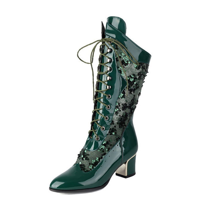 green Sequins glitter mesh lace mid calf Victorian boots
