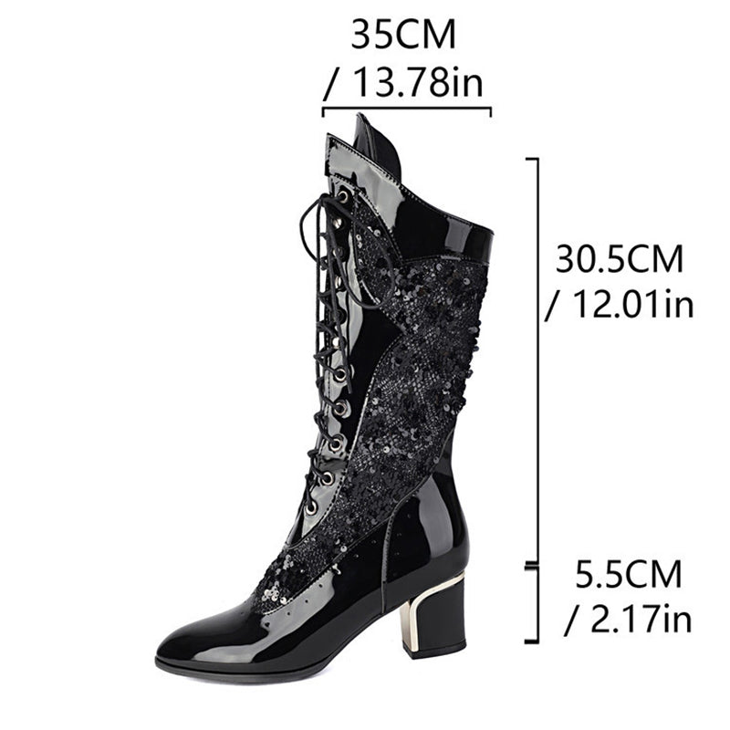 black Sequins glitter mesh lace mid calf Victorian boots