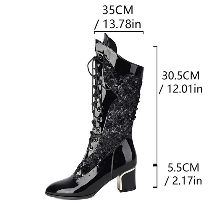 black Sequins glitter mesh lace mid calf Victorian boots