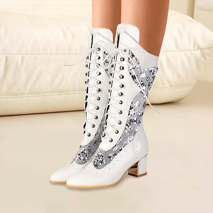 Sequins glitter mesh lace mid calf Victorian boots