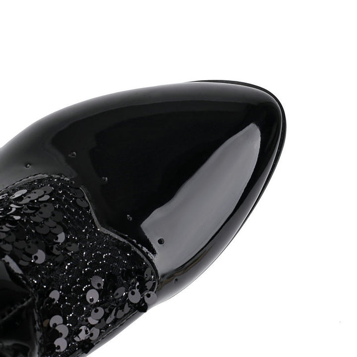 black Sequins glitter mesh lace mid calf Victorian boots