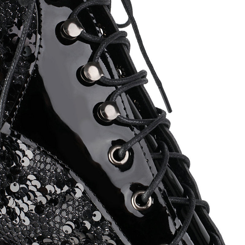 black Sequins glitter mesh lace mid calf Victorian boots