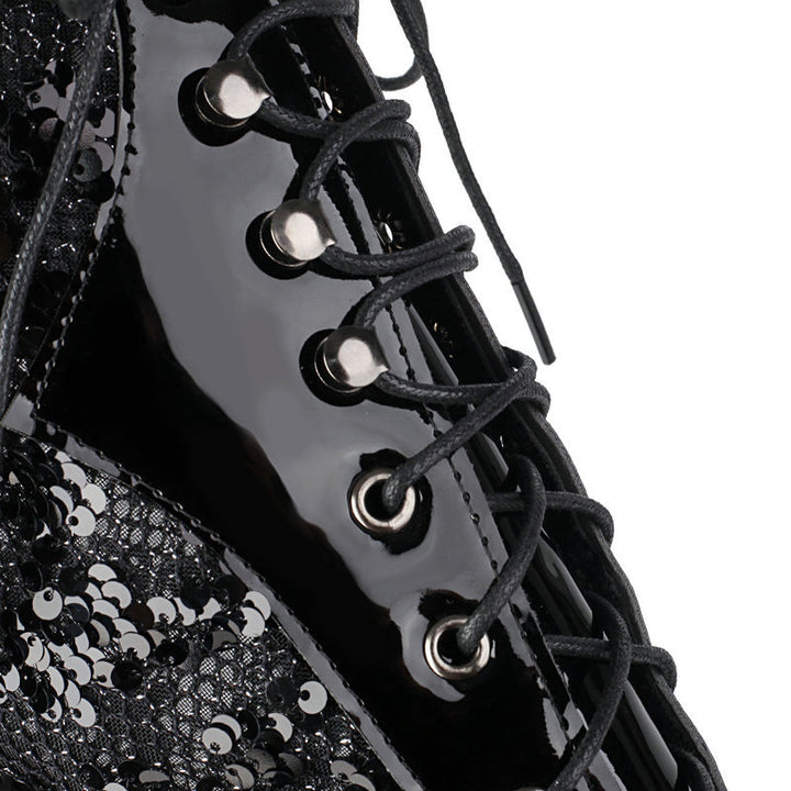 black Sequins glitter mesh lace mid calf Victorian boots