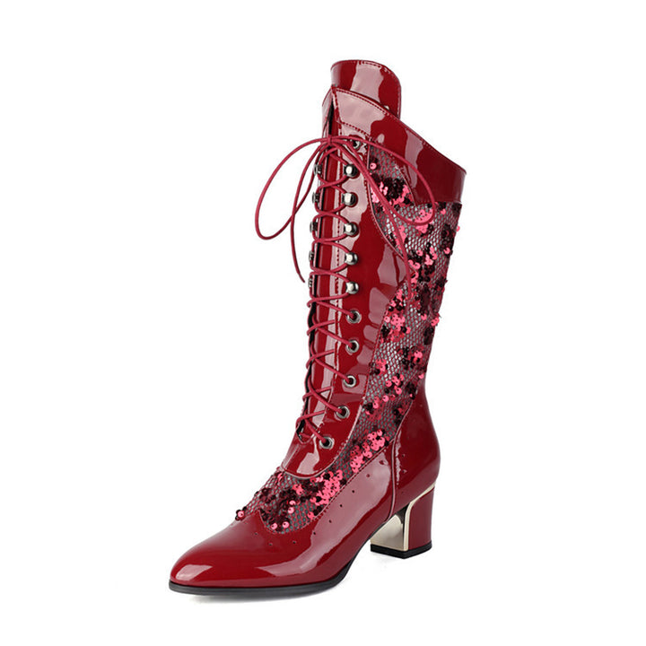 red Sequins glitter mesh lace mid calf Victorian boots