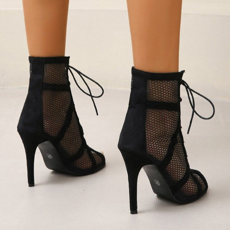 Sexy black mesh hollowed booties peep toe high heels sandals lace-up