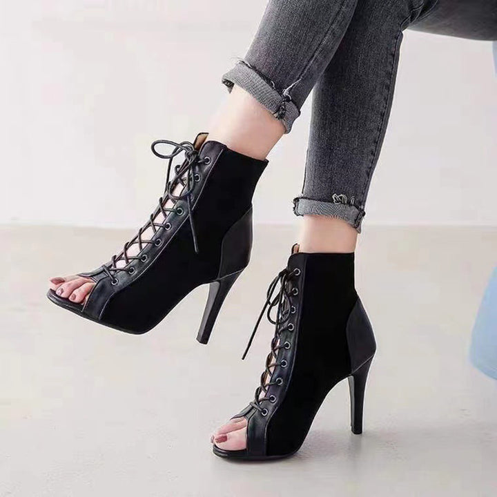 Sexy black peep toe high heels booties lace-up