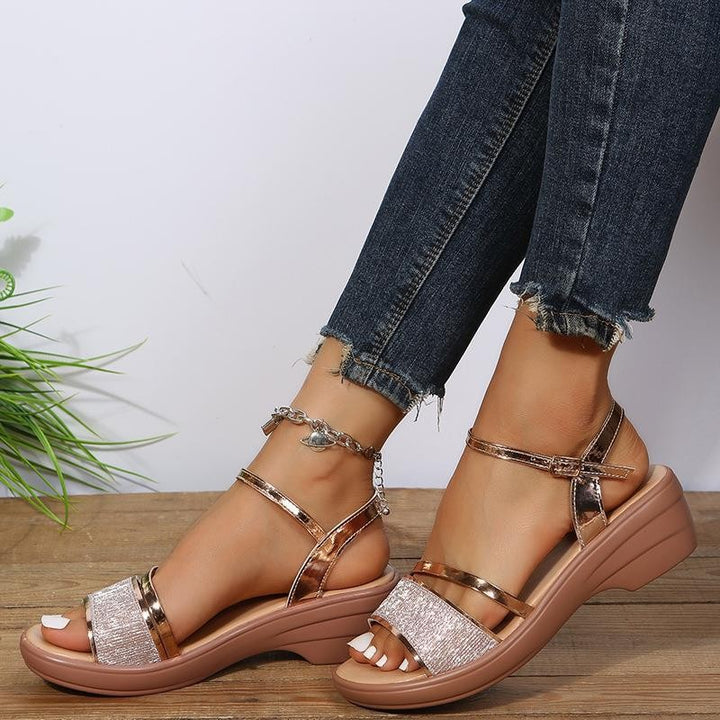Silver glitter wedge heels sandals with ankle strap