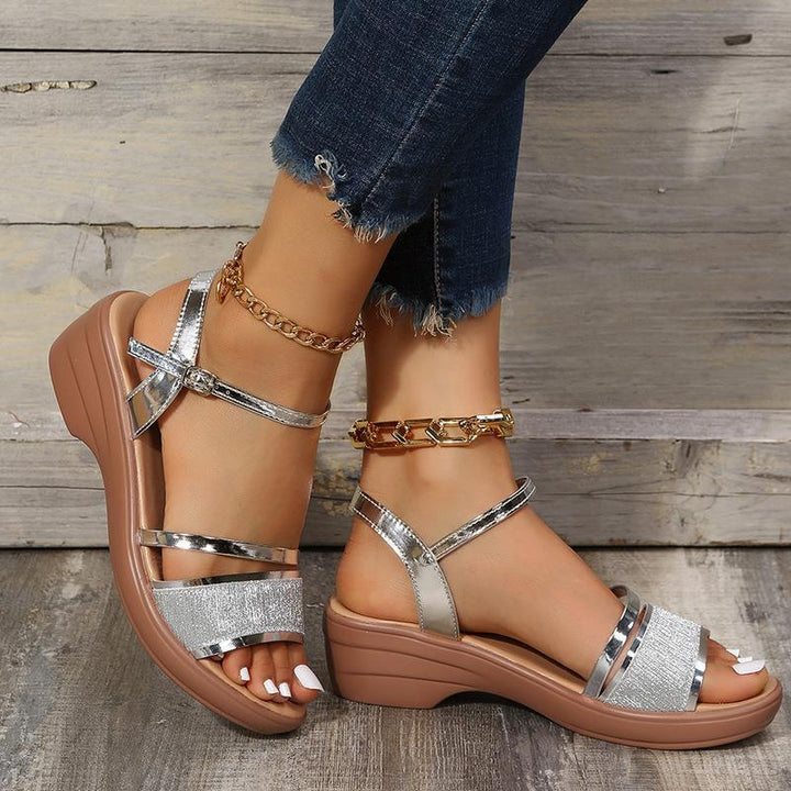Silver glitter wedge heels sandals with ankle strap