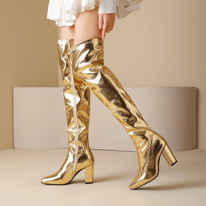 Silver/gold metallic chunky heels thigh boots