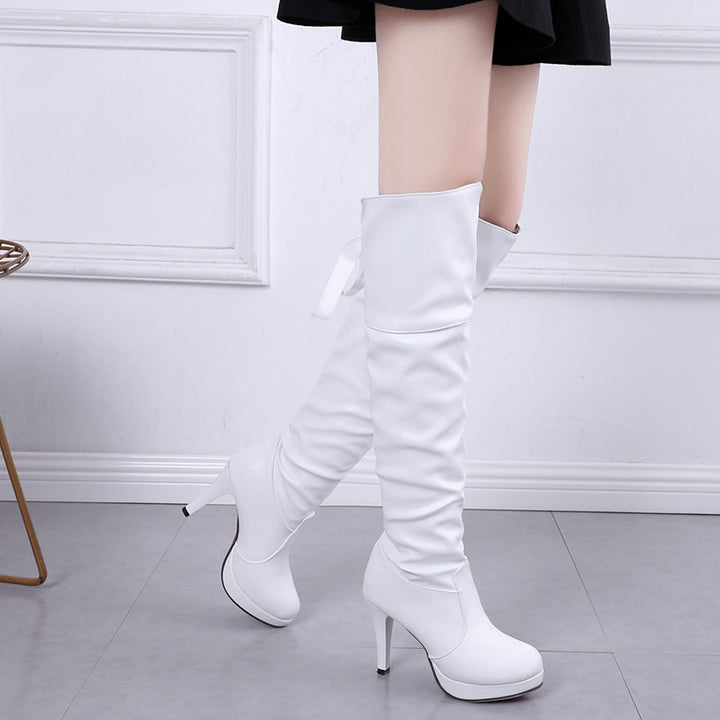 Slim fit knee high boots back lace up stiletto platform boots