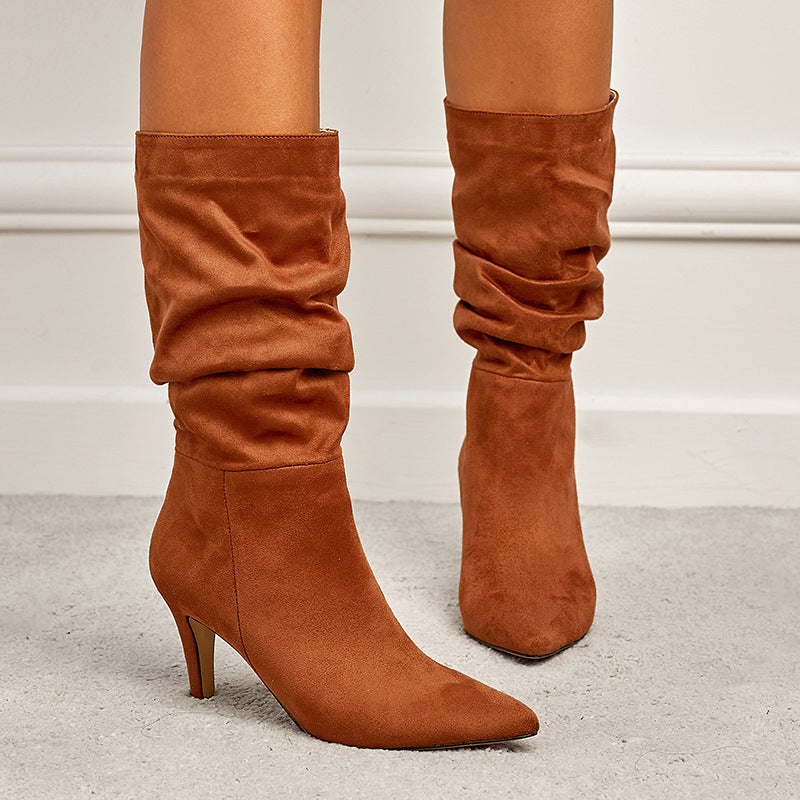 Slouch boots mid calf pointed toe stiletto high heel boots