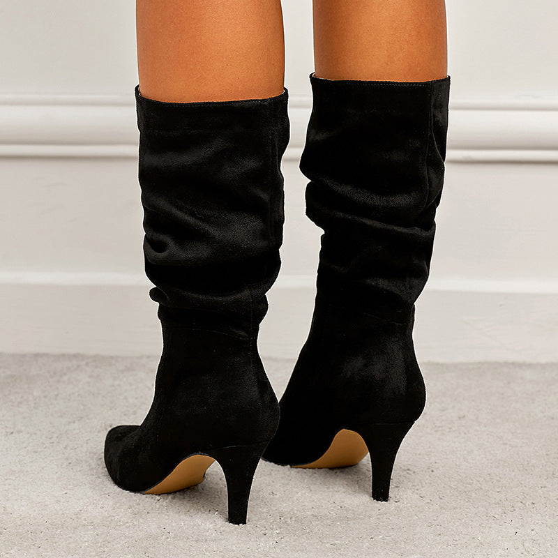 Slouch boots mid calf pointed toe stiletto high heel boots