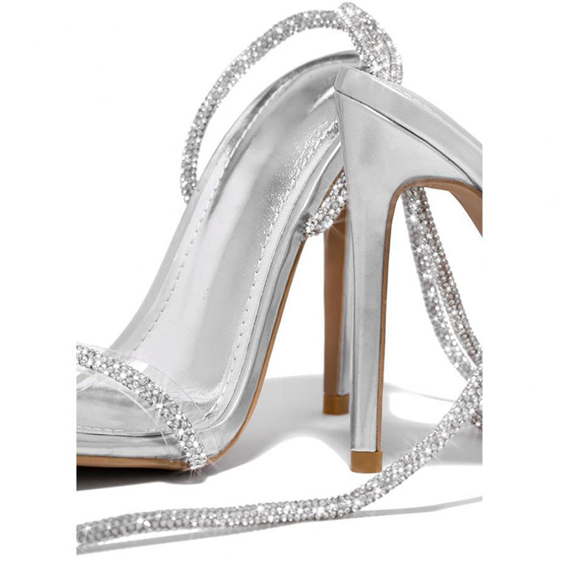 Square toe rhinestone strappy sandals lace up heel sandals for party