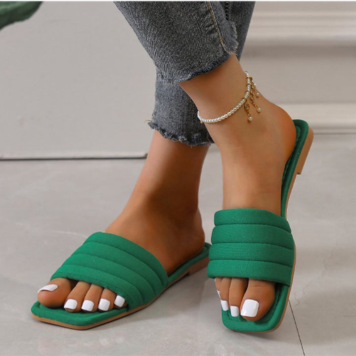 Square toe slip on solid color flat casual slide sandals