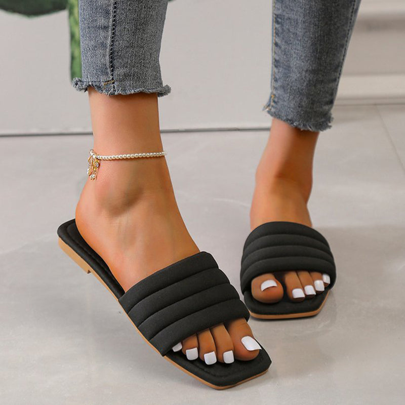 Square toe slip on solid color flat casual slide sandals