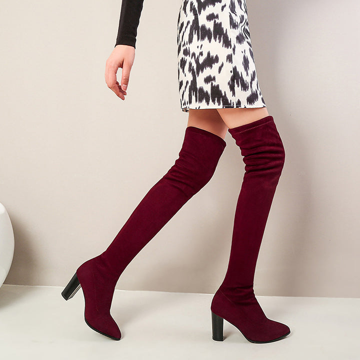 Stretchy chunky heels thigh boots