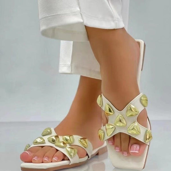 Studded crisscross strap slide sandals square toe slip on flat sandals