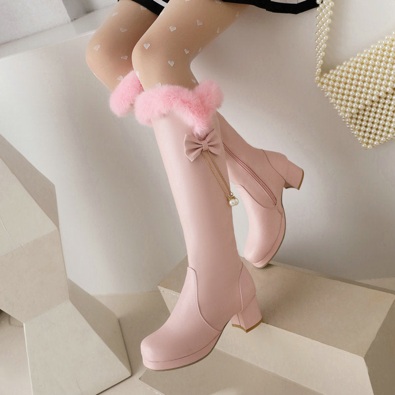 Sweet bow décor warm knee high snow boots