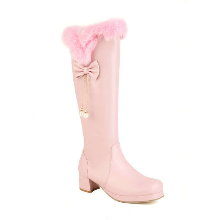 Sweet bow décor warm knee high snow boots