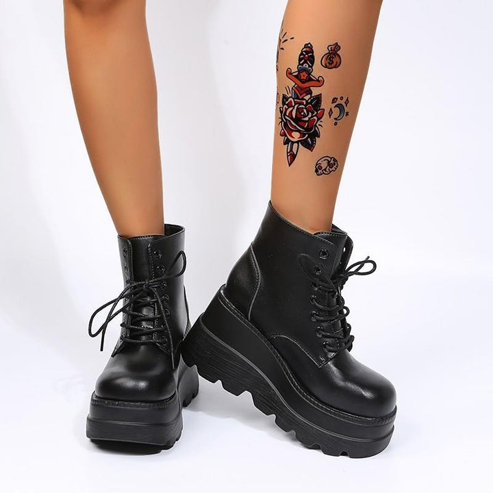 Thick platform wedge heels lace-up booties