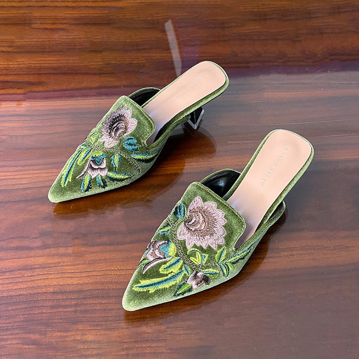 Vintage flower embroidery kitten heels mules