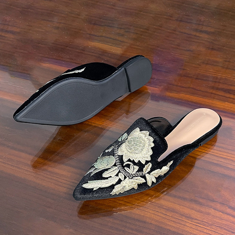 black Vintage flower embroidery kitten heels mules