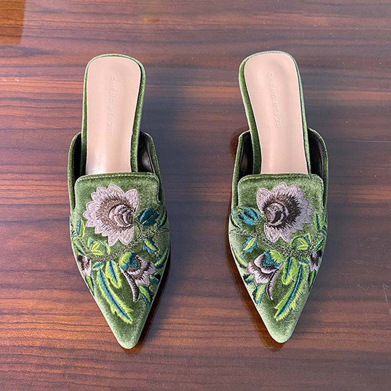 green Vintage flower embroidery kitten heels mules