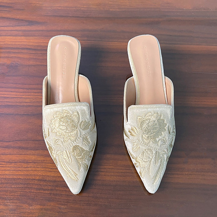 beige Vintage flower embroidery kitten heels mules