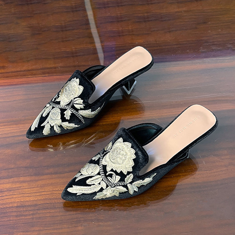 Vintage flower embroidery kitten heels mules