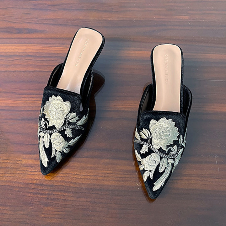black Vintage flower embroidery kitten heels mules