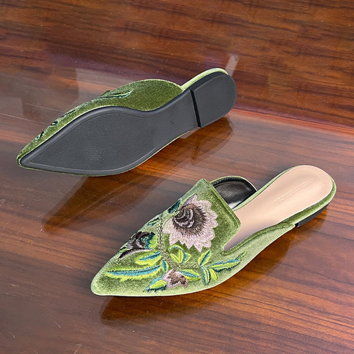 green Vintage flower embroidery kitten heels mules