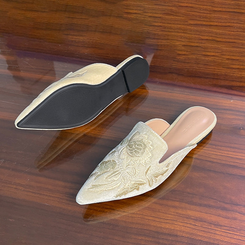 beige Vintage flower embroidery kitten heels mules