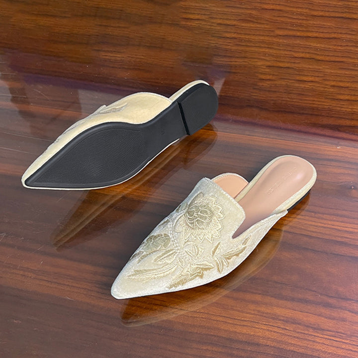 beige Vintage flower embroidery kitten heels mules