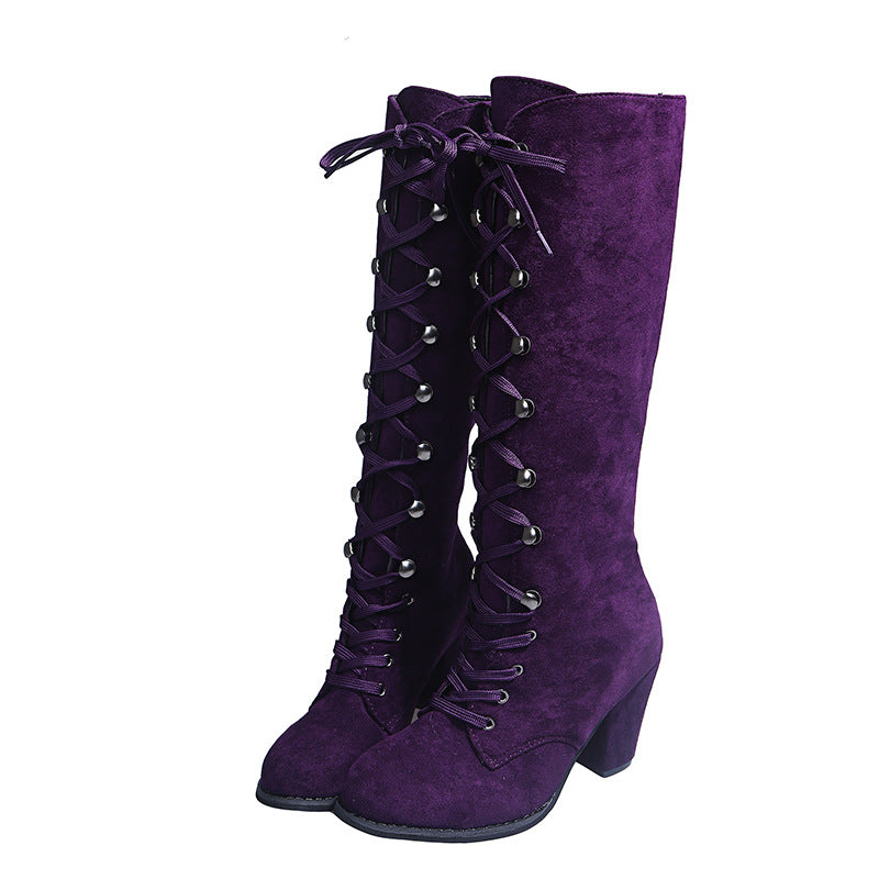 purple Women’s Faux Suede Lace-Up Knee-High Boots