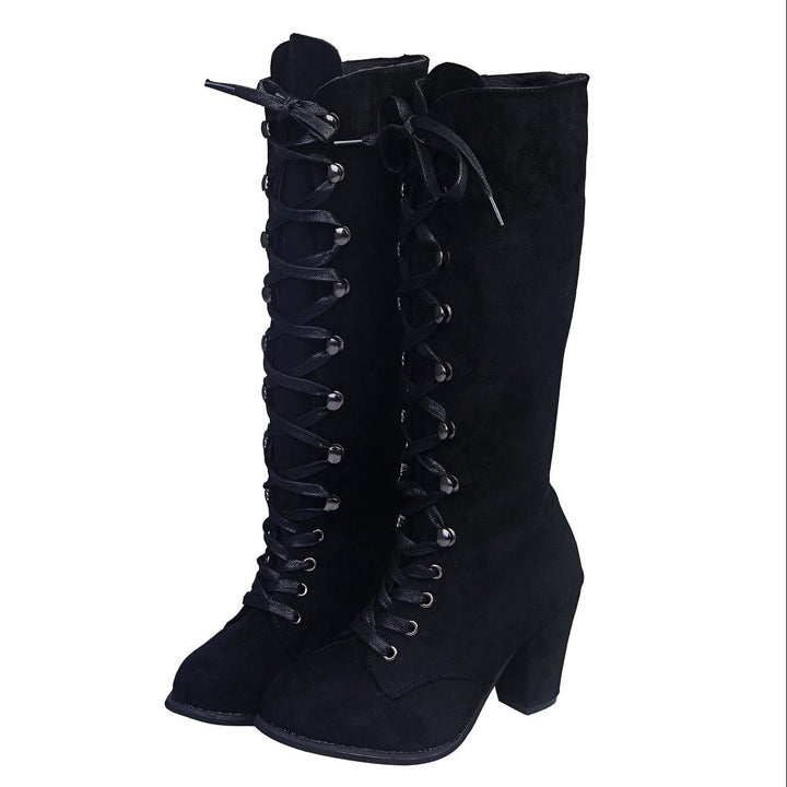 black Women’s Faux Suede Lace-Up Knee-High Boots