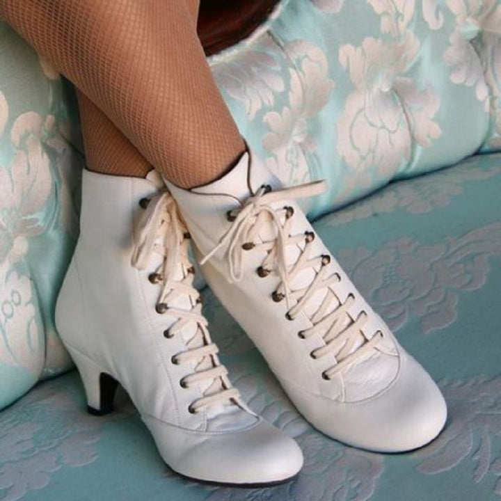 Women Fashion Elegant Kitten Heel Lace Up Heeled Booties