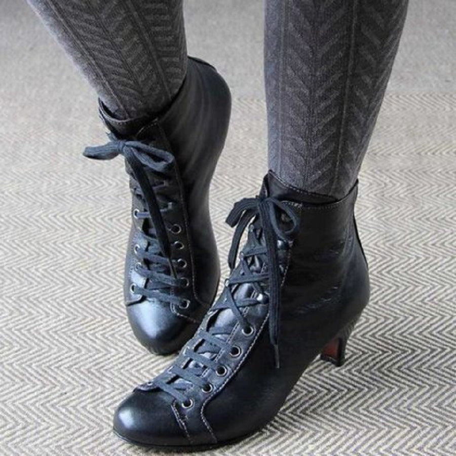 Women Fashion Elegant Kitten Heel Lace Up Heeled Booties