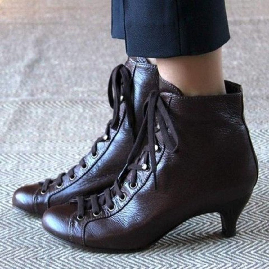 Women Fashion Elegant Kitten Heel Lace Up Heeled Booties