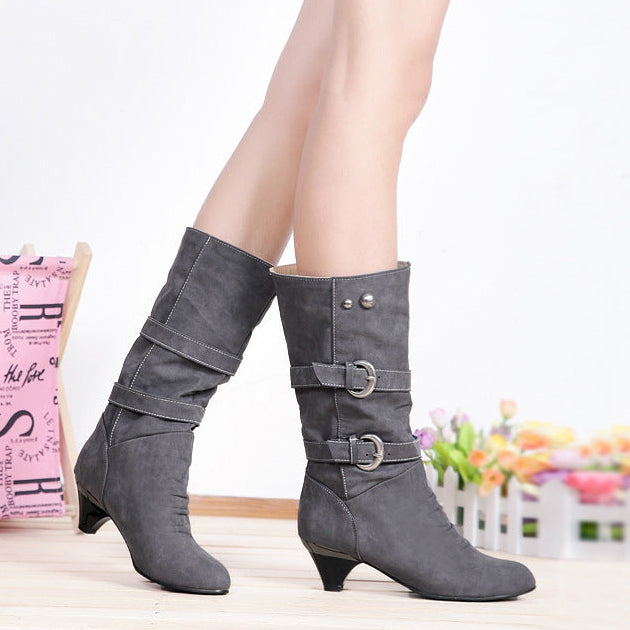 Women buckle straps warm plush lining mid calf chunky low heel boots