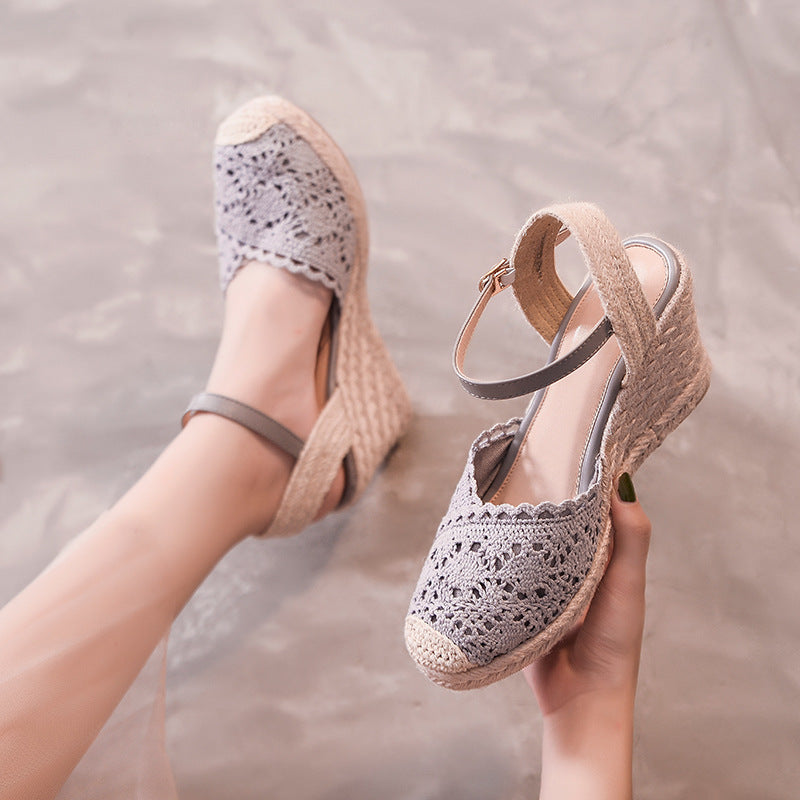 gray Elegant Crochet Espadrille Wedge Sandals for Women - Closed-Toe Ankle Strap for Summer