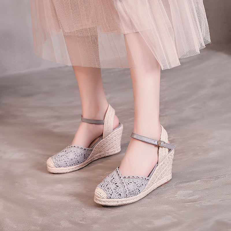 gray Elegant Crochet Espadrille Wedge Sandals for Women - Closed-Toe Ankle Strap for Summer