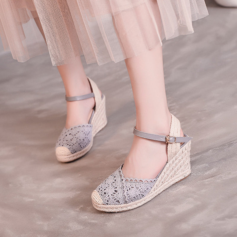 gray Elegant Crochet Espadrille Wedge Sandals for Women - Closed-Toe Ankle Strap for Summer