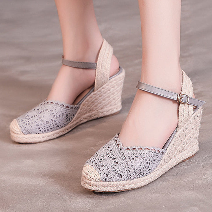 Elegant Crochet Espadrille Wedge Sandals for Women - Closed-Toe Ankle Strap for Summer